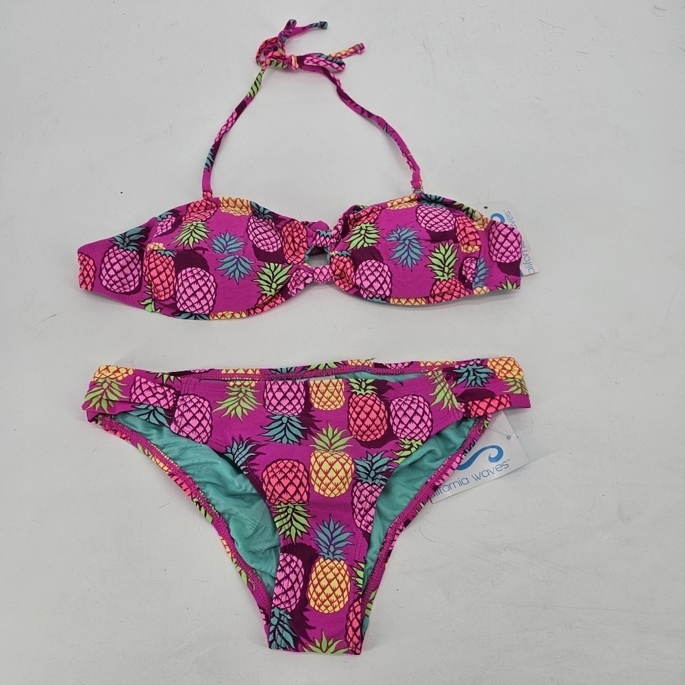 California Waves pink pineapple bandeau bikini women's size small